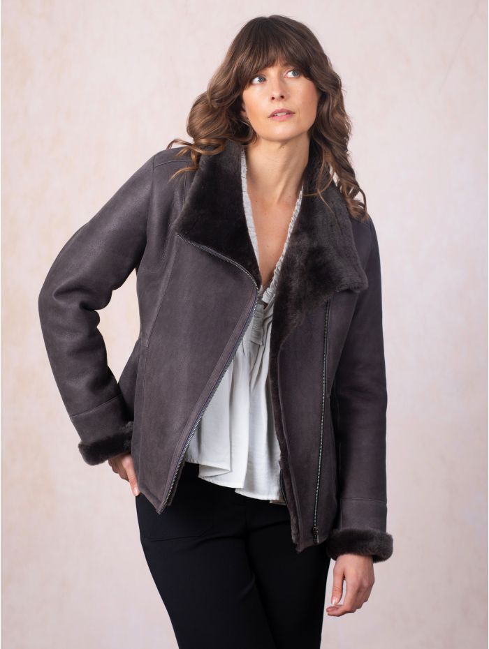 Armboth Shearling Aviator Jacket in Charcoal Grey