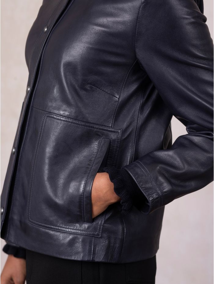Newby Collared Leather Jacket in Navy