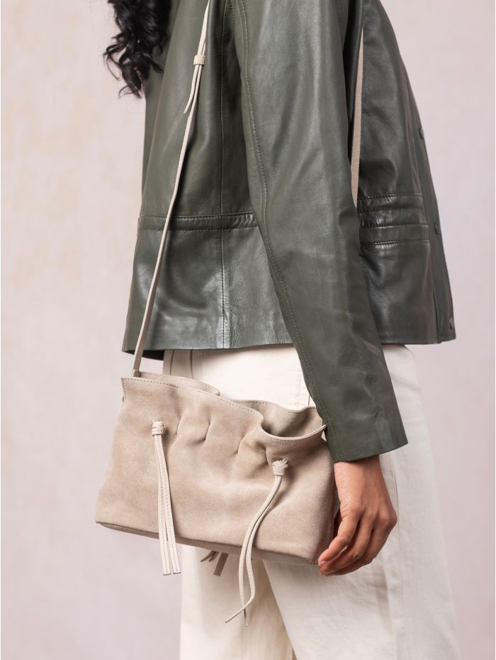 Santon Suede Cross Body Bag in Stone