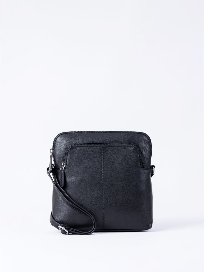 Raven Leather Cross Body Bag in Black