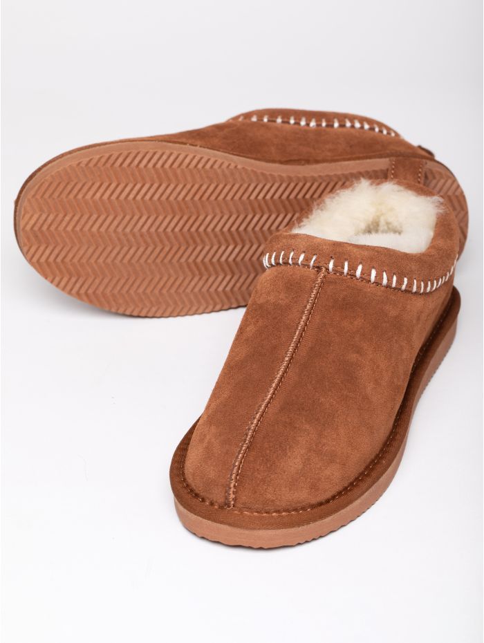 Sheepskin Embroidered Clog Slippers in Tan