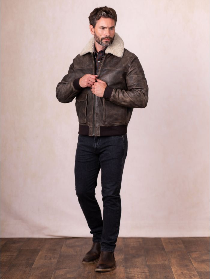 Fellfoot Leather Aviator Jacket in Chocolate Brown