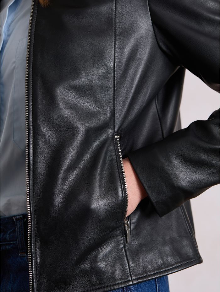 Crosby Collarless Leather Jacket in Black