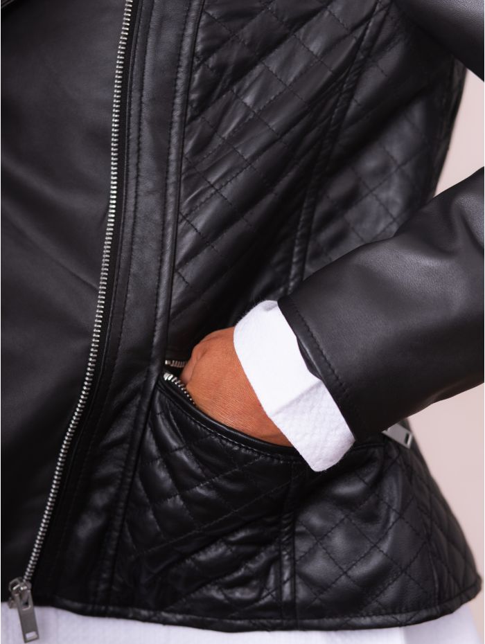 Penny Quilted Leather Biker Jacket in Black