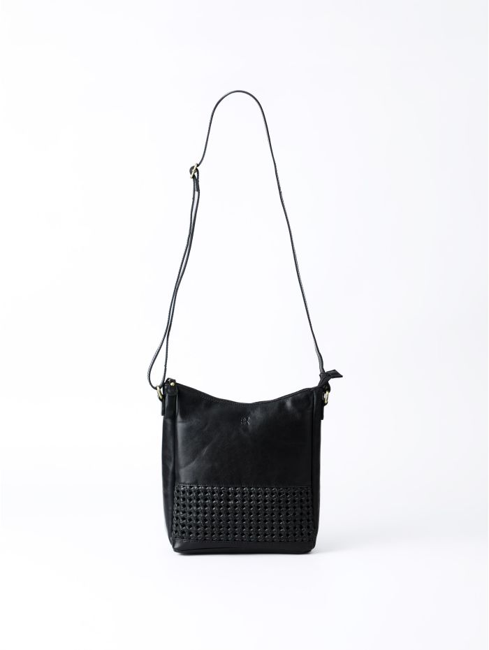 Waverton Woven Medium Leather Cross Body Bag in Black