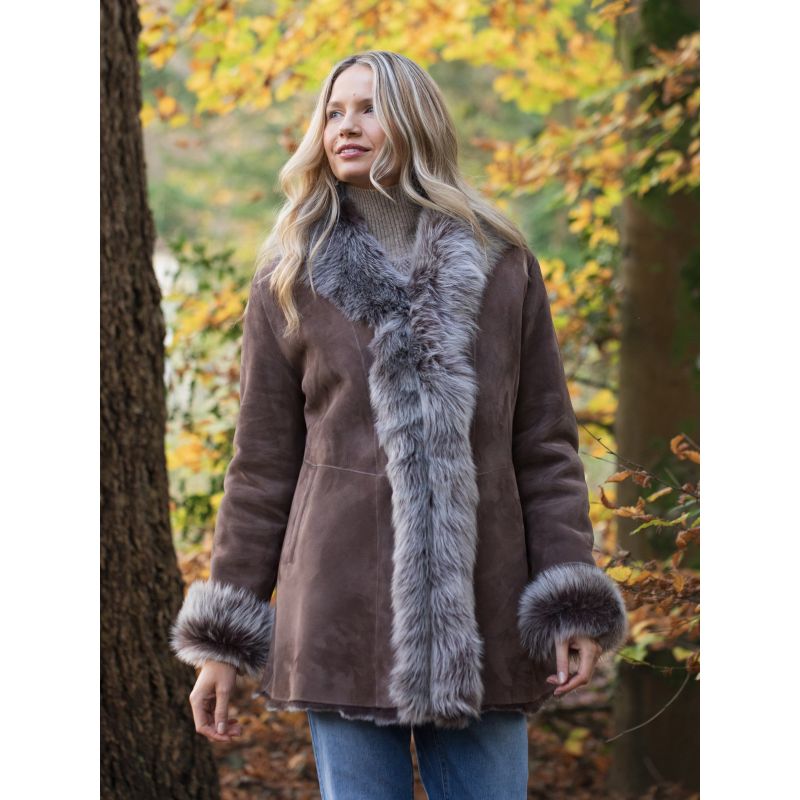 Bleaberry Toscana Shearling Mid Length Coat in Taupe | Lakeland