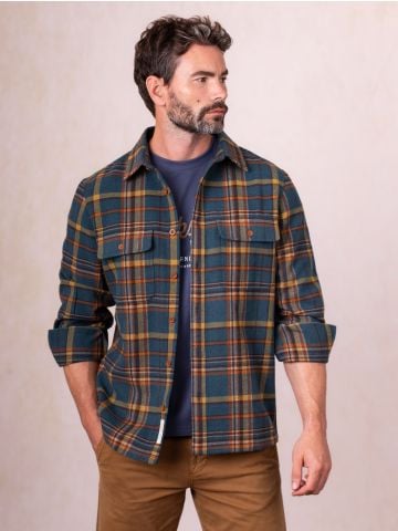 Lakeland Leather Lorton Wool Blend Check Overshirt in Teal