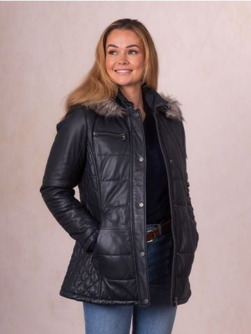 Lakeland Leather Fairfield Hooded Padded Leather Coat in Navy