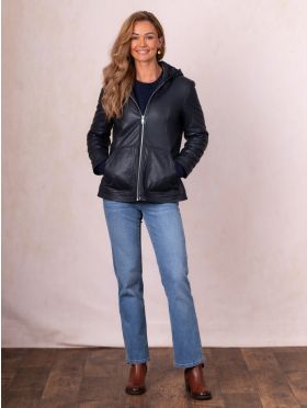 Hartside Hooded Leather Jacket in Navy