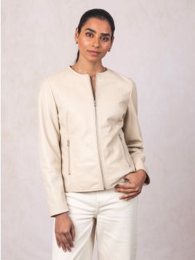 Crosby Collarless Leather Jacket in Parchment