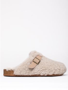 Sheepskin Wool Buckle Clog Slippers in Grey