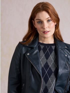 Tarraby Leather Biker Jacket in Navy
