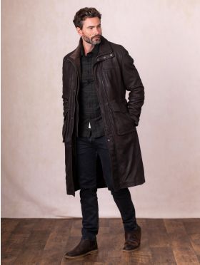 Kielder Long Leather Coat in Brown