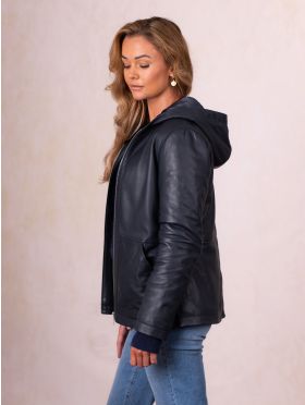 Hartside Hooded Leather Jacket in Navy
