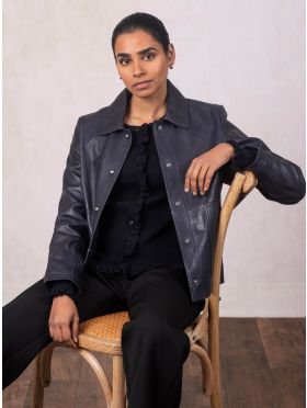 Newby Collared Leather Jacket in Navy