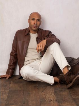 Renwick Collared Leather Jacket in Cognac