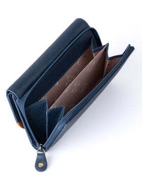 Hartsop Flapover Leather Purse in Navy and Cognac