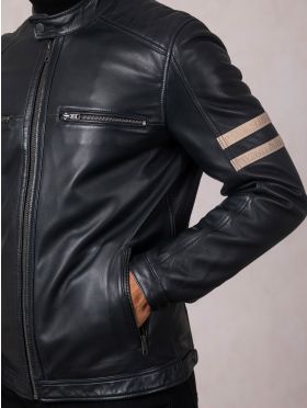 Charlie II Leather Racer Jacket in Navy