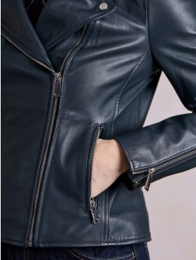 Tarraby Leather Biker Jacket in Navy