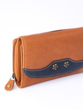 Hartsop Flapover Leather Purse in Cognac and Navy