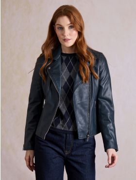 Tarraby Leather Biker Jacket in Navy