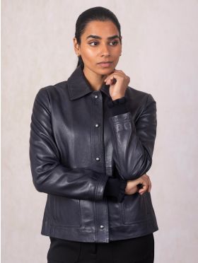 Newby Collared Leather Jacket in Navy