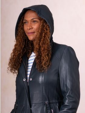 Ambleside Hooded Leather Coat in Navy