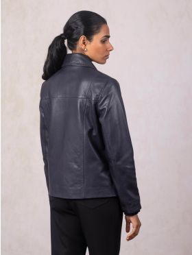 Newby Collared Leather Jacket in Navy