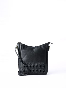 Waverton Woven Medium Leather Cross Body Bag in Black