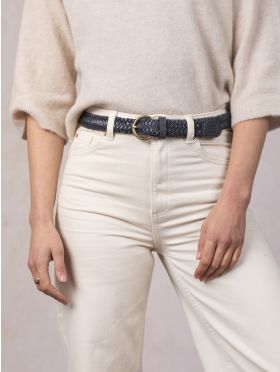 Waverton Leather Woven Belt in Navy