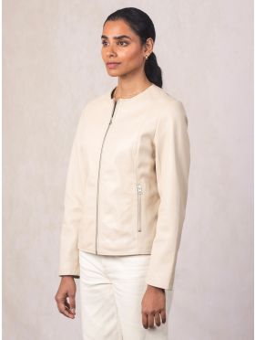 Crosby Collarless Leather Jacket in Parchment