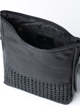 Waverton Woven Medium Leather Cross Body Bag in Black