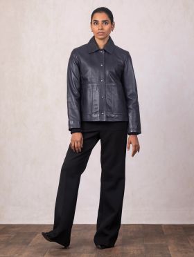 Newby Collared Leather Jacket in Navy
