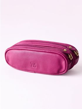 Leather Double Glasses Case in Bold Cranberry Pink