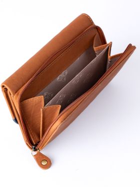 Hartsop Flapover Leather Purse in Cognac and Navy
