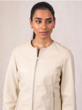 Crosby Collarless Leather Jacket in Parchment