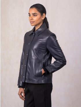Newby Collared Leather Jacket in Navy