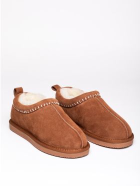 Sheepskin Embroidered Clog Slippers in Tan