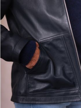 Hartside Hooded Leather Jacket in Navy