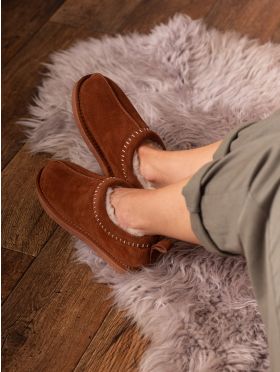Sheepskin Embroidered Clog Slippers in Tan