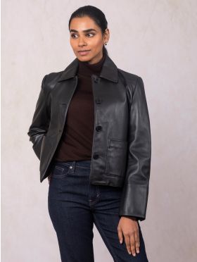 Kendal Collared Leather Jacket in Black