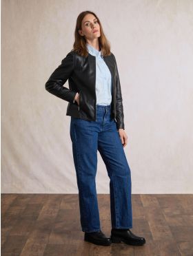 Crosby Collarless Leather Jacket in Black