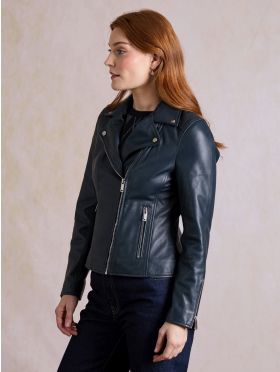 Tarraby Leather Biker Jacket in Navy
