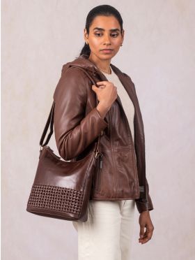 Waverton Woven Medium Leather Cross Body Bag in Brown