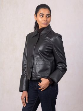 Kendal Collared Leather Jacket in Black