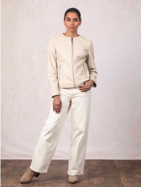 Crosby Collarless Leather Jacket in Parchment