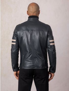 Charlie II Leather Racer Jacket in Navy