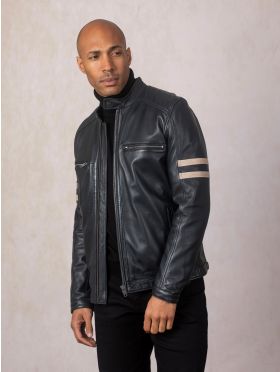 Charlie II Leather Racer Jacket in Navy