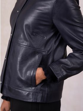 Newby Collared Leather Jacket in Navy