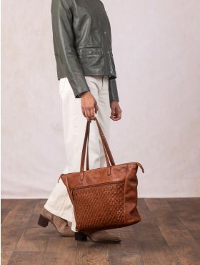 Storrs Woven Leather Tote Bag in Cognac